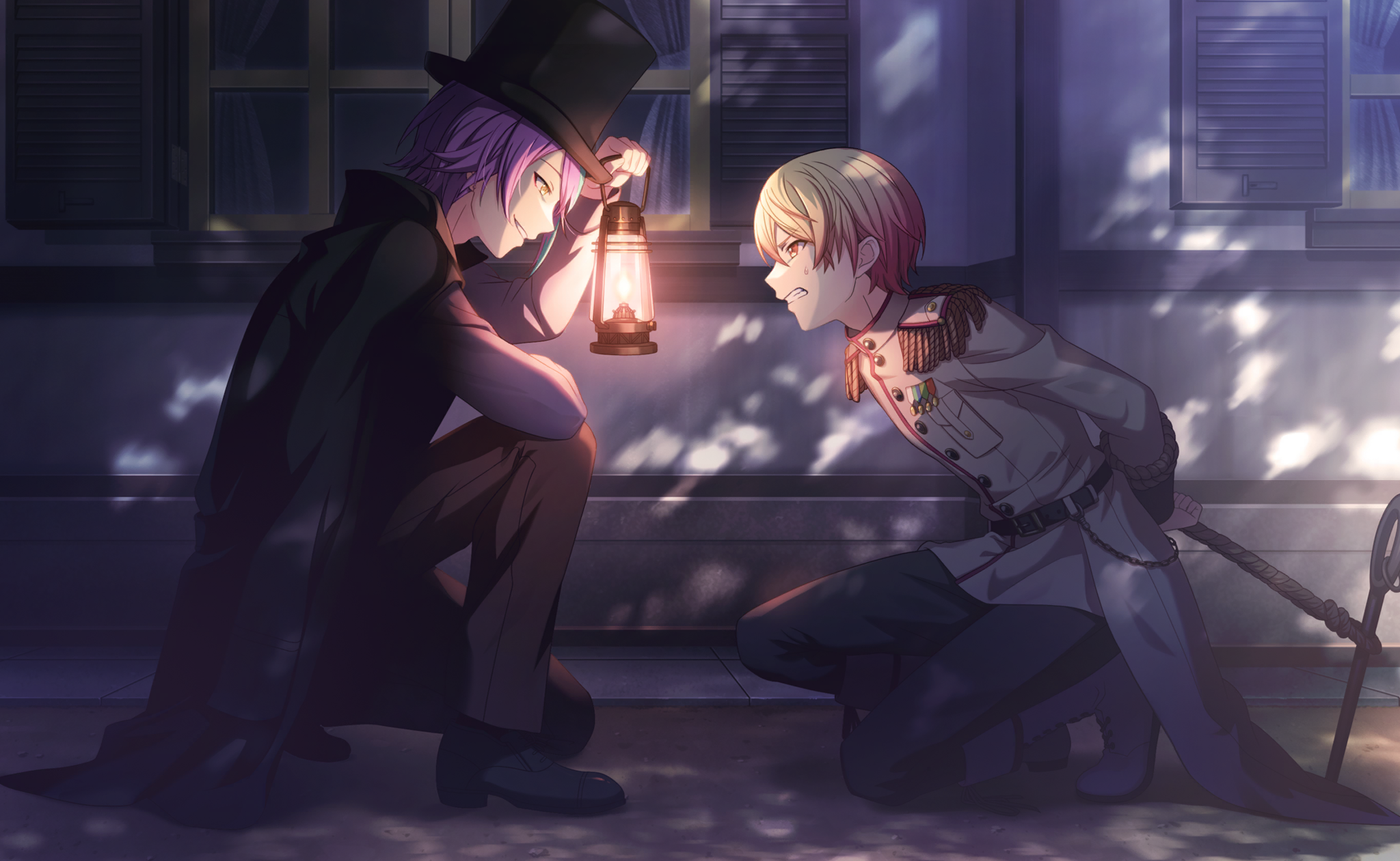 artist:colorful_palette character:kamishiro_rui character:tenma_tsukasa copyright:project_sekai meta:game_cg meta:highres meta:official_art meta:third-party_source 2boys black_coat black_hat black_pants black_shoes blonde_hair blue_hair coat coattails epaulettes full_body glowing gradient_hair grimace hat holding holding_lantern kneeling lantern looking_at_another multicolored_hair multiple_boys orange_eyes pants parted_lips profile purple_hair revival_my_dream_(project_sekai) shadow shoes streaked_hair tailcoat teeth top_hat white_coat yellow_eyes