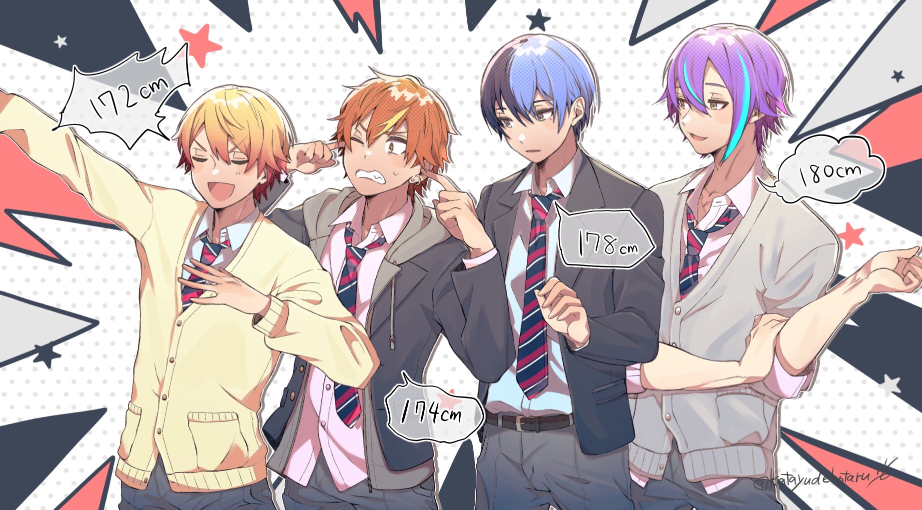artist:katayudehotaru character:aoyagi_touya character:kamishiro_rui character:shinonome_akito character:tenma_tsukasa copyright:project_sekai deprecated:finger_in_ear deprecated:light_blue_hair meta:highres 4boys adam's_apple annoyed aqua_hair belt black_belt black_hair black_jacket blazer blonde_hair blue_hair blue_necktie blue_pants cardigan clenched_teeth closed_eyes collared_shirt constricted_pupils covering_own_ears diagonal-striped_clothes diagonal-striped_necktie drawstring dress_shirt earrings emphasis_lines green_eyes grey_cardigan grey_eyes grey_jacket grin hair_between_eyes half-closed_eyes halftone hand_on_own_arm hand_on_own_chest height_chart height_difference hood hood_down hooded_jacket jacket jewelry kamiyama_high_school_uniform_(project_sekai) light_blush lineup male_focus mole mole_under_eye multicolored_hair multiple_boys necktie one_eye_closed open_clothes open_jacket orange_hair outstretched_arm pants parted_lips plugging_ears polka_dot polka_dot_background purple_hair school_uniform serious shirt short_hair_with_long_locks simple_background sleeves_rolled_up smile speech_bubble split-color_hair star_(symbol) star_symbol_background streaked_hair striped_clothes stud_earrings sweatdrop teeth twitter_username upper_body v-shaped_eyebrows white_background white_shirt yellow_cardigan yellow_eyes