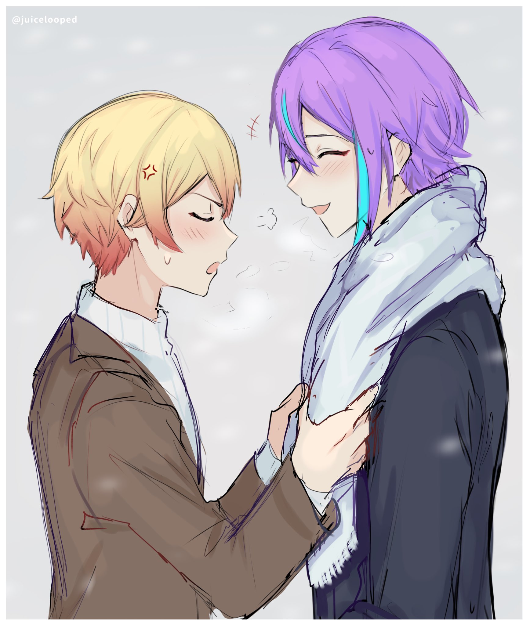 artist:adair_(juicelooped) character:kamishiro_rui character:tenma_tsukasa copyright:project_sekai meta:commentary meta:english_commentary meta:highres +++ 2boys adjusting_scarf anger_vein aqua_hair black_jacket blonde_hair blush brown_jacket closed_eyes facing_another gradient_hair grey_scarf jacket long_sleeves male_focus multicolored_hair multiple_boys open_mouth orange_hair purple_hair scarf short_hair streaked_hair sweater turtleneck turtleneck_sweater twitter_username upper_body winter yaoi