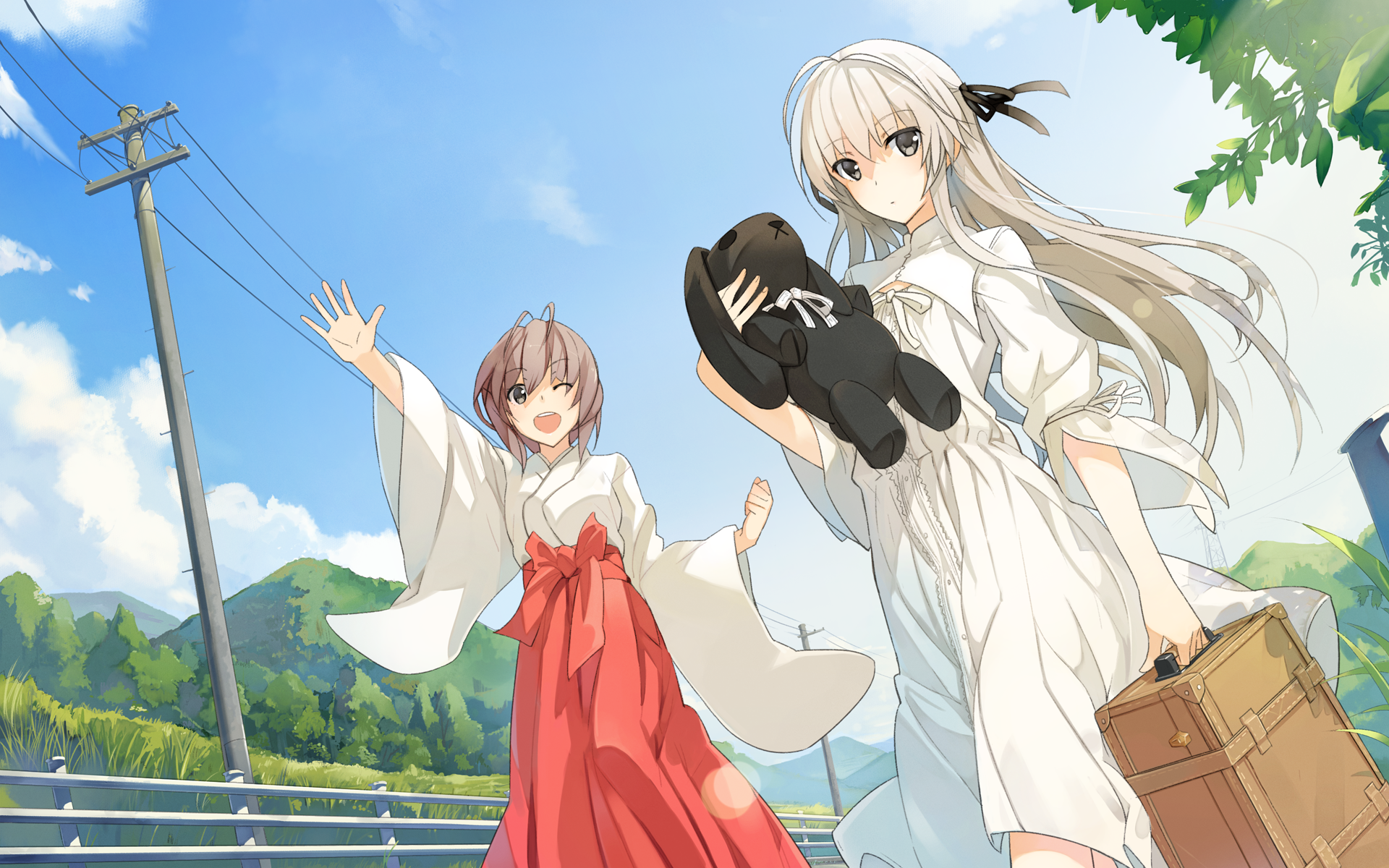 artist:miz character:amatsume_akira character:kasugano_sora copyright:yosuga_no_sora meta:highres meta:scan 2girls ;d blue_sky brown_hair clenched_hand day dress dutch_angle grey_eyes hakama hakama_skirt hill holding japanese_clothes long_hair long_sleeves miko multiple_girls one_eye_closed open_mouth outdoors outstretched_hand power_lines short_hair skirt sky smile stuffed_animal stuffed_rabbit stuffed_toy suitcase sundress utility_pole white_dress white_hair wide_sleeves
