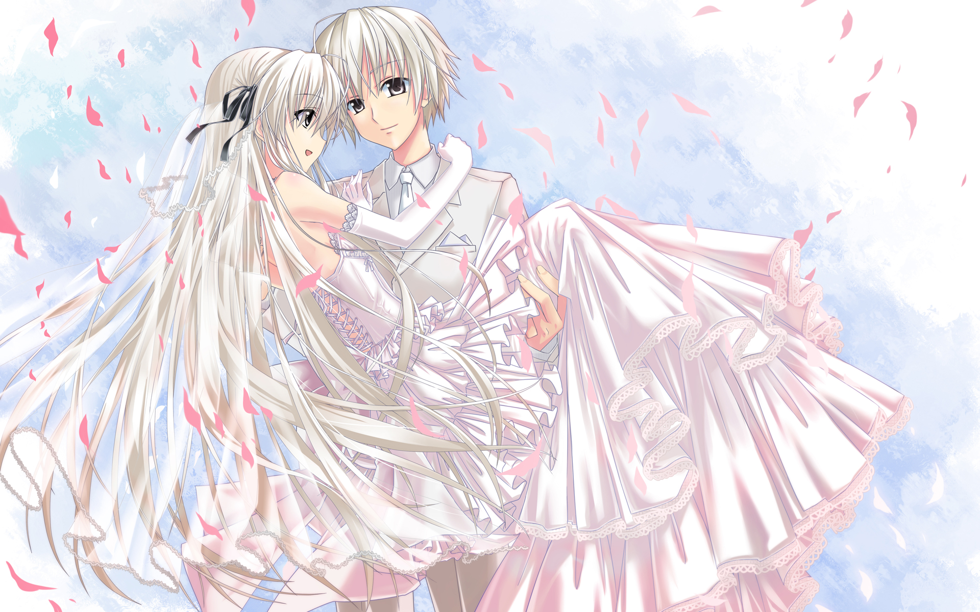 artist:hika_(cross-angel) character:kasugano_haruka character:kasugano_sora copyright:yosuga_no_sora deprecated:silver_hair meta:highres 1boy 1girl bridal_veil brother_and_sister carrying couple dress grey_eyes hair_ribbon hetero incest princess_carry ribbon siblings twincest twins veil wedding wedding_dress