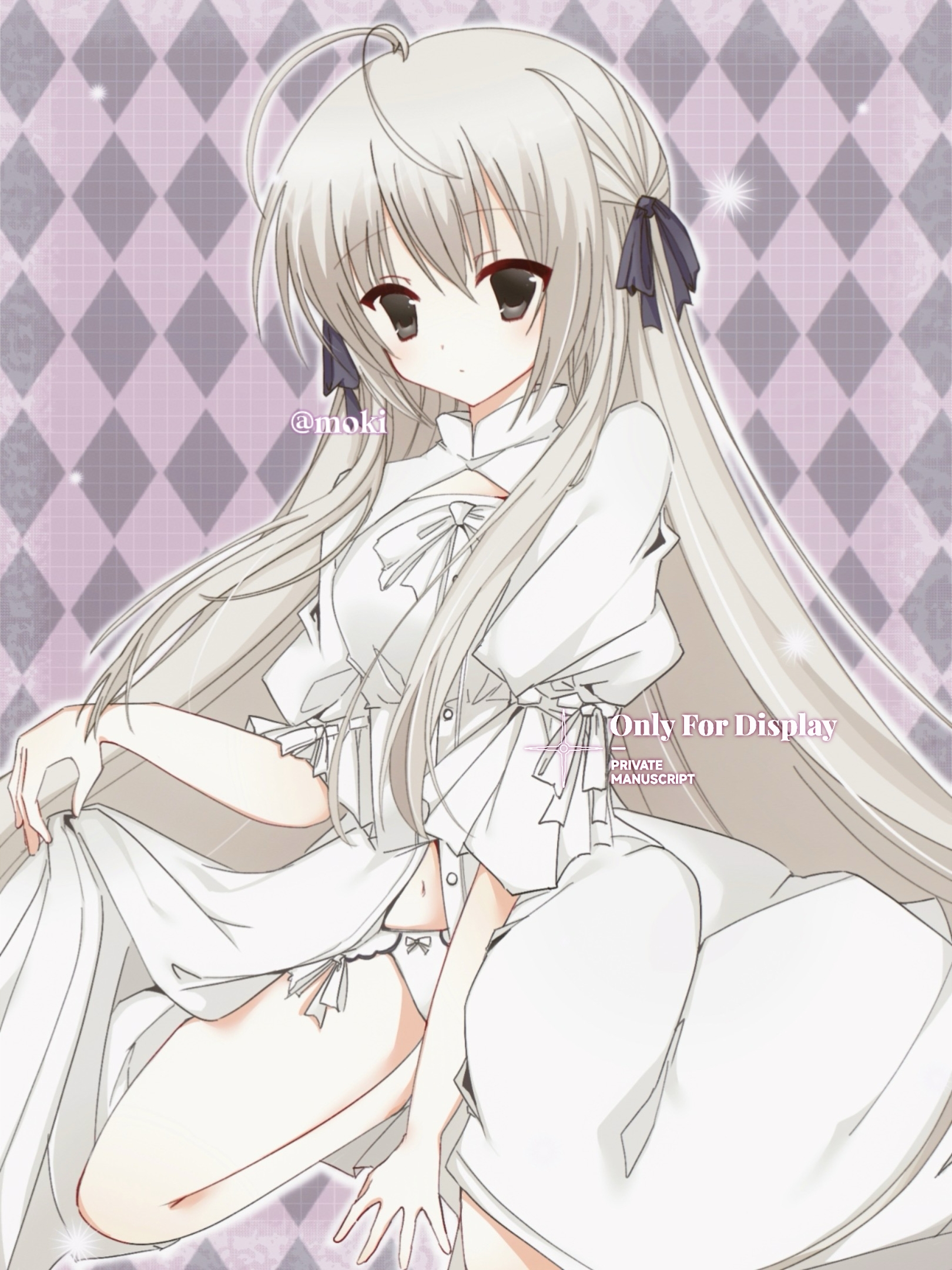 artist:bianxie_xiao_mao_tianshi character:kasugano_sora copyright:yosuga_no_sora meta:highres 1girl antenna_hair argyle_background black_ribbon bow bowtie closed_mouth dress grey_eyes grey_hair hair_ribbon long_hair looking_at_viewer open_clothes open_dress panties puffy_short_sleeves puffy_sleeves ribbon short_sleeves sidelocks sitting solo underwear very_long_hair wariza white_bow white_bowtie white_dress white_hair white_panties
