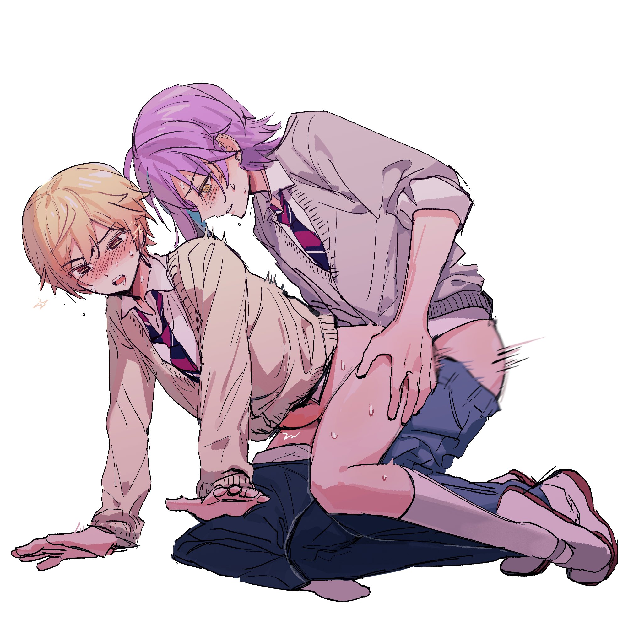 artist:kiyoshi_(jv859017376) character:kamishiro_rui character:tenma_tsukasa copyright:project_sekai meta:highres 2boys anal blonde_hair bottomless clothes_lift double-parted_bangs hair_between_eyes multicolored_hair multiple_boys orange_eyes purple_hair short_sleeves stomach_bulge streaked_hair two-tone_hair yaoi yellow_eyes